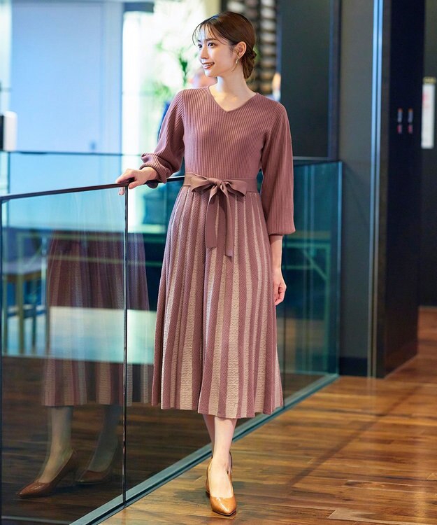 Tiaclasse 【洗える】レース編みニットフレアワンピース ピンク