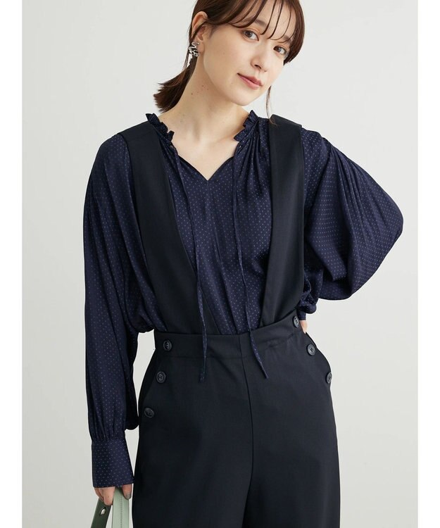 Green Parks とろみ衿フリルブラウス Navy