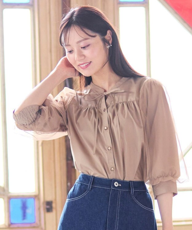 Feroux 袖チュールリボンスキッパー ブラウス ベージュ系