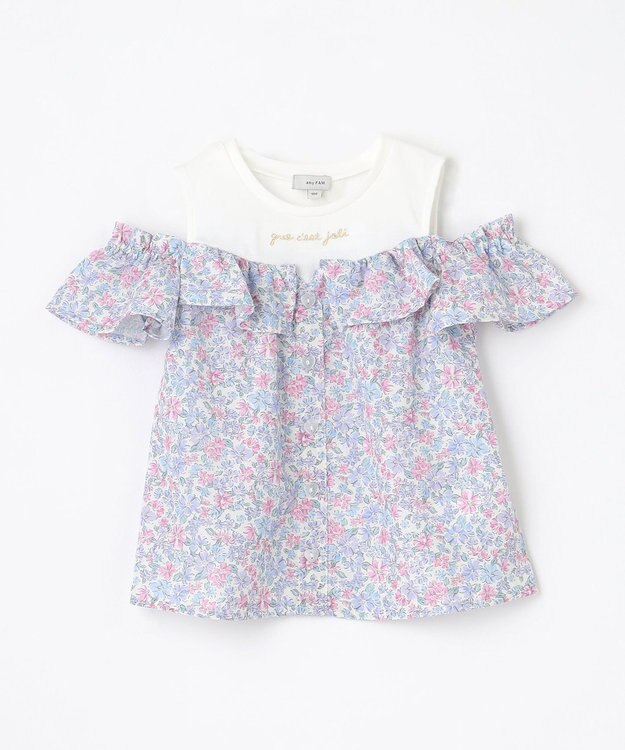 ANY KIDS オフショルダー フリル ブラウス サックスブルー系花柄