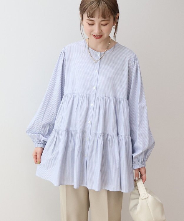 AMERICAN HOLIC ティアードギャザーブラウス Stripe Sax