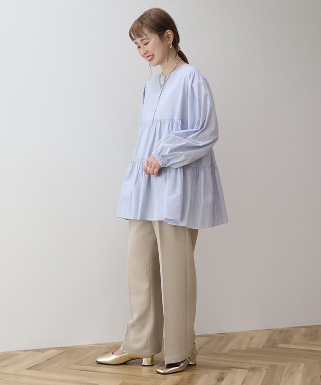 AMERICAN HOLIC ティアードギャザーブラウス Stripe Sax