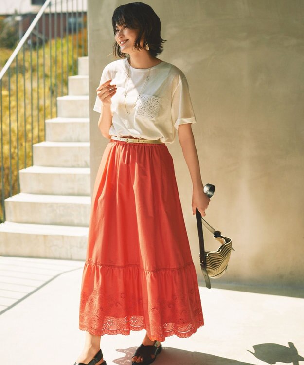 自由区 L 【カタログ掲載・接触冷感・洗える】エンブロイダリーローンティアード スカート マンダリン