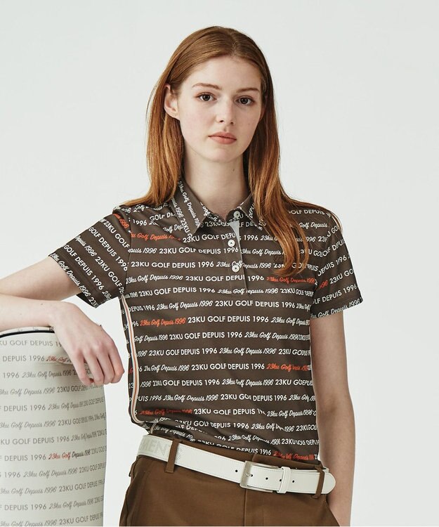 23区GOLF 【WOMEN】【吸水速乾/UVケア】ロゴパターンプリント 総柄半そで ポロシャツ ブラウン系5