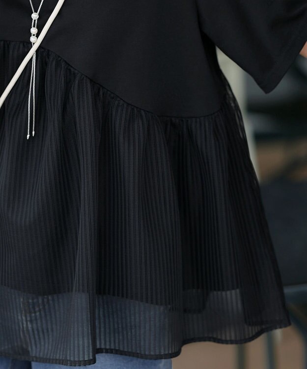 Tiaclasse 【洗える】 ストライプチュール切替トップス ブラック