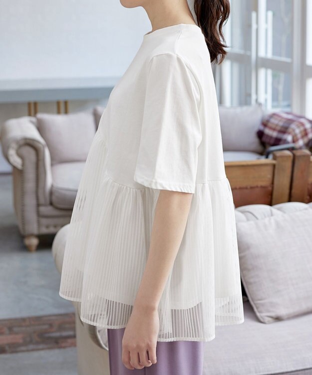 Tiaclasse 【洗える】 ストライプチュール切替トップス ホワイト