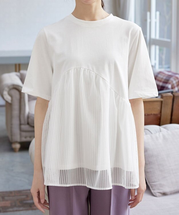Tiaclasse 【洗える】 ストライプチュール切替トップス ホワイト