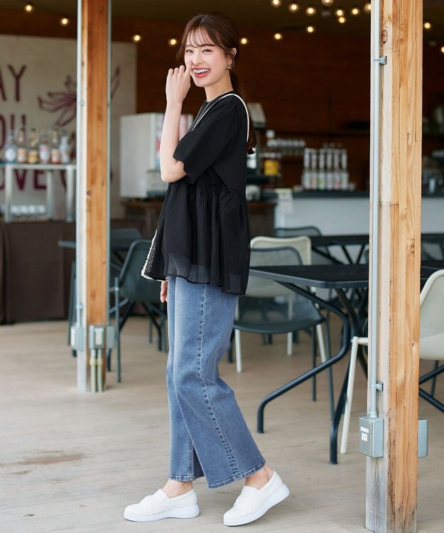 Tiaclasse 【洗える】 ストライプチュール切替トップス ブラック