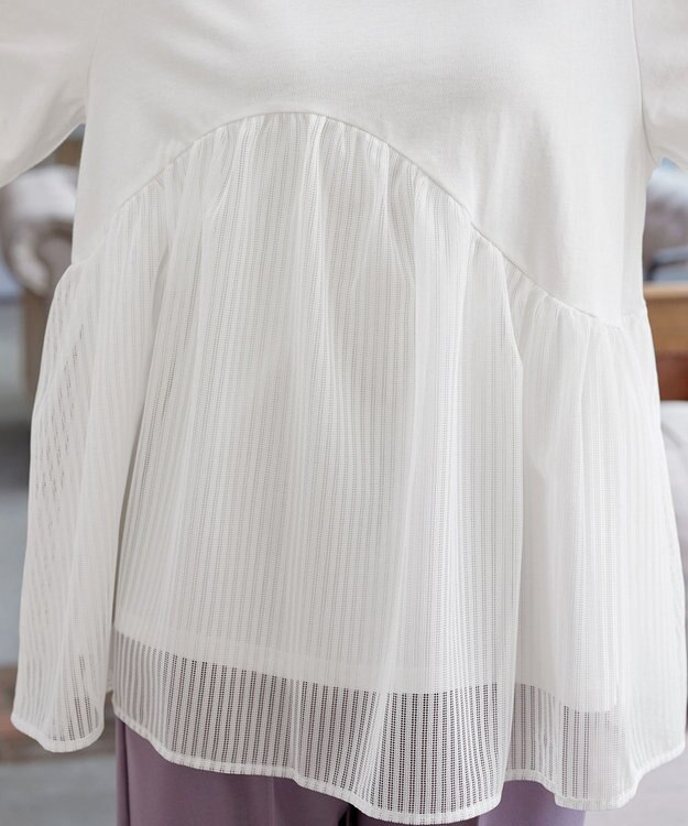 Tiaclasse 【洗える】 ストライプチュール切替トップス ホワイト