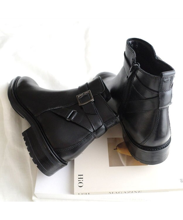 Pointer 本革ベルト付きエンジニアショートブーツ ブラック