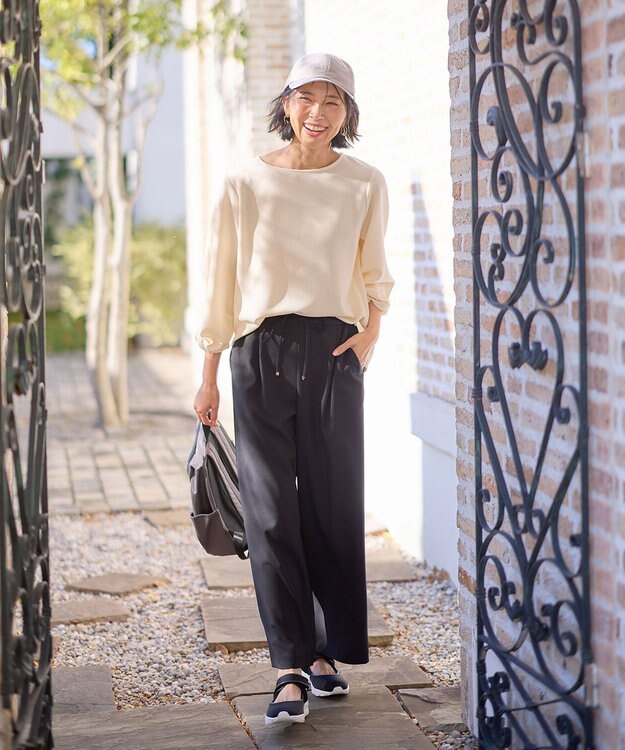 ANY L 【ウエストゴム/ストレッチ/セットアップ可】イージィケアストレッチワイドパンツ ブラック