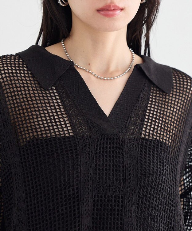 earth music&ecology レーシースキッパーポロニットプルオーバー Black