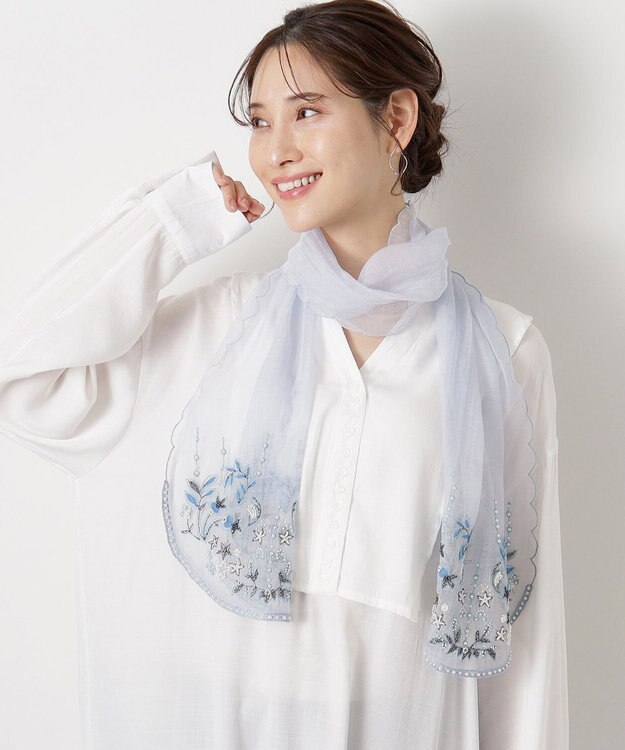 MOONBAT ルナルーチェ ロカ CHANDNI シルクコットン ビーズ刺繍ストール サックスブルー