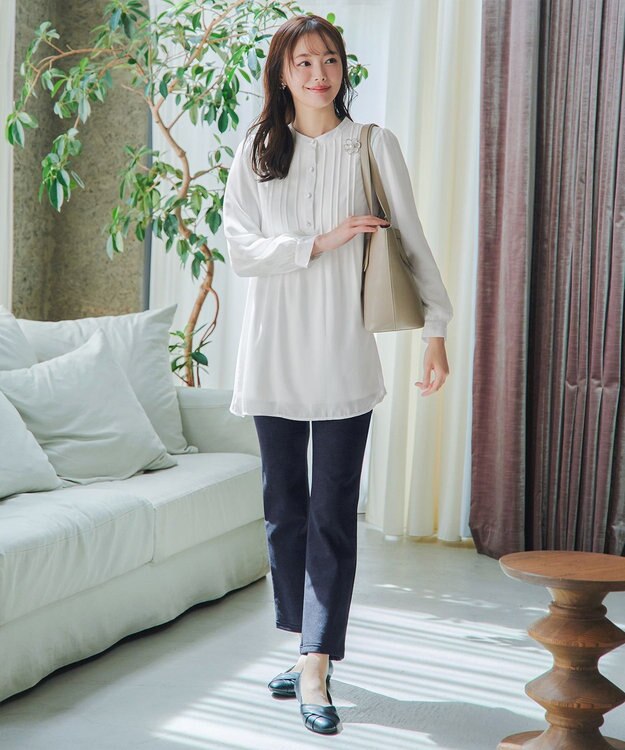 Tiaclasse L 【日本製】メランジプリント裏起毛スリムパンツ ネイビー