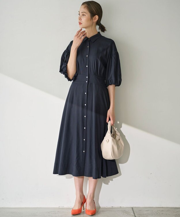 組曲 【WEB限定カラーあり】ボリュームスリーブシャツワンピース ネイビー系