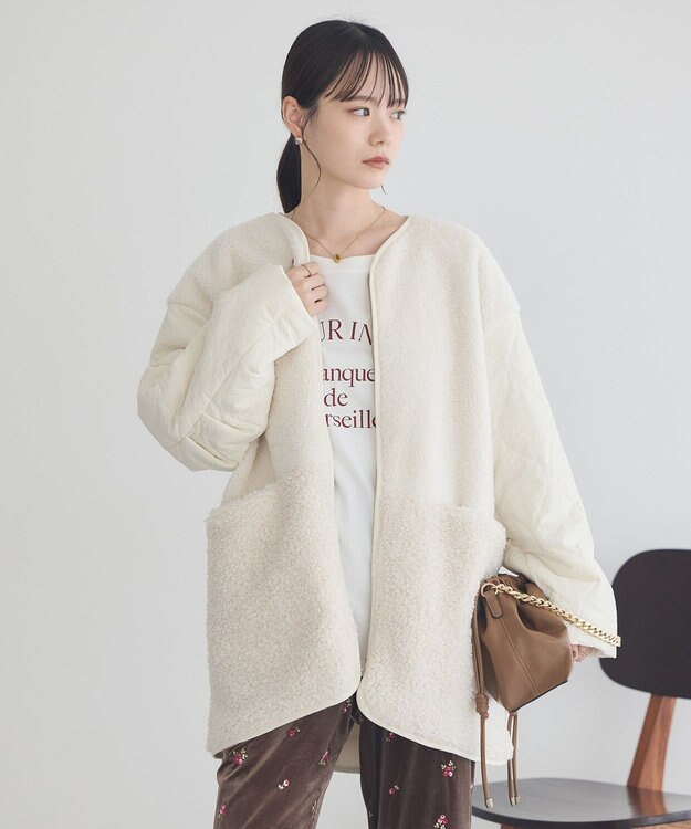 earth music&ecology ボアキルトミドルコート Ivory