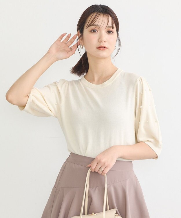 earth music&ecology パールスリーブニットプルオーバー Ivory