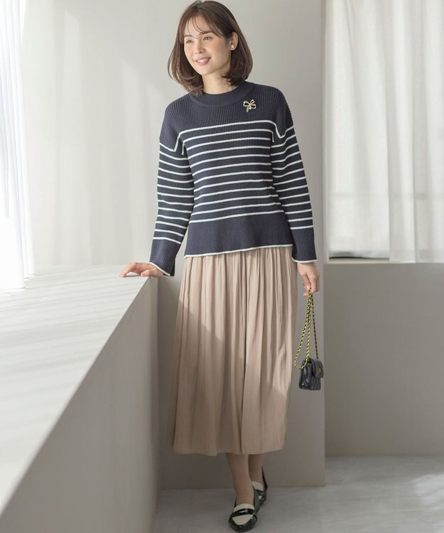 組曲 L 【WEB限定】ハイネック ゆるボーダーニット ネイビー×オフ系1