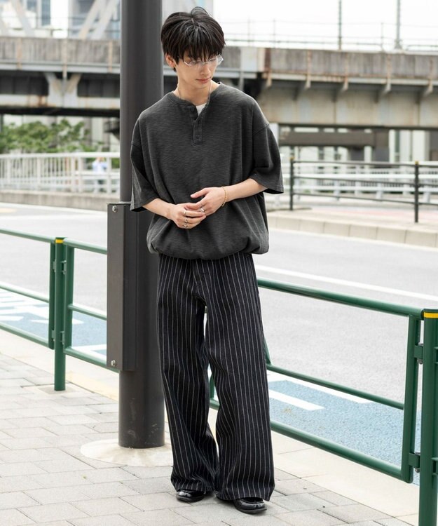 WEGO 【ユニセックス着用ITEM/MLサイズ展開】スラブヘンリーネックT（SS） ブラック中濃色