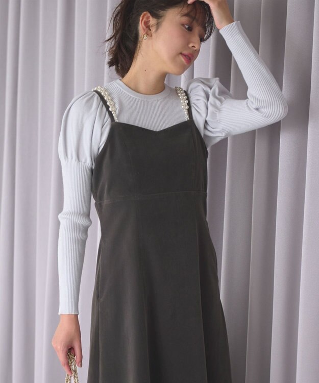 Feroux 【洗える】パフスリーブラメ ニット スカイブルー系