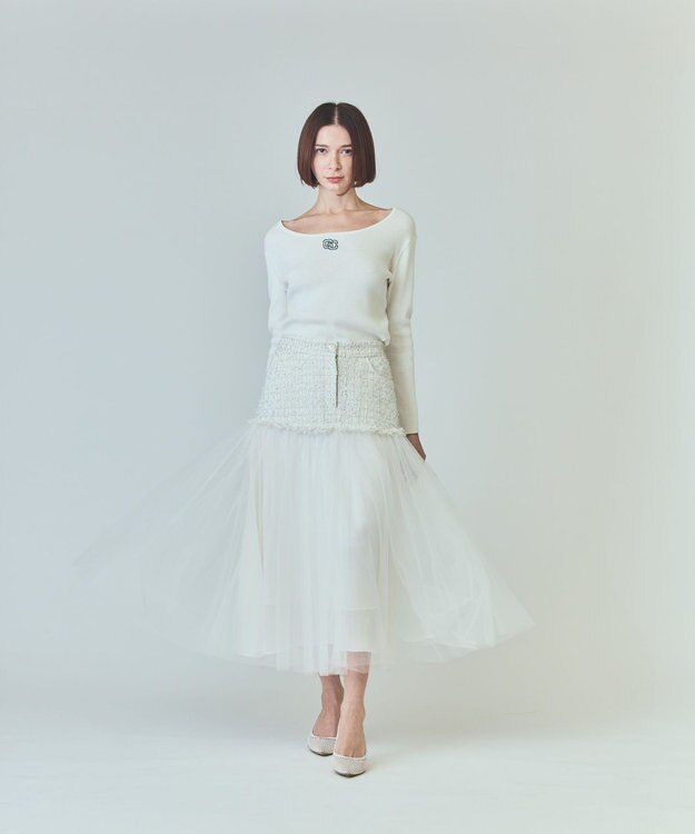 GRACE CONTINENTAL ツイードコンビチュールスカート ホワイト