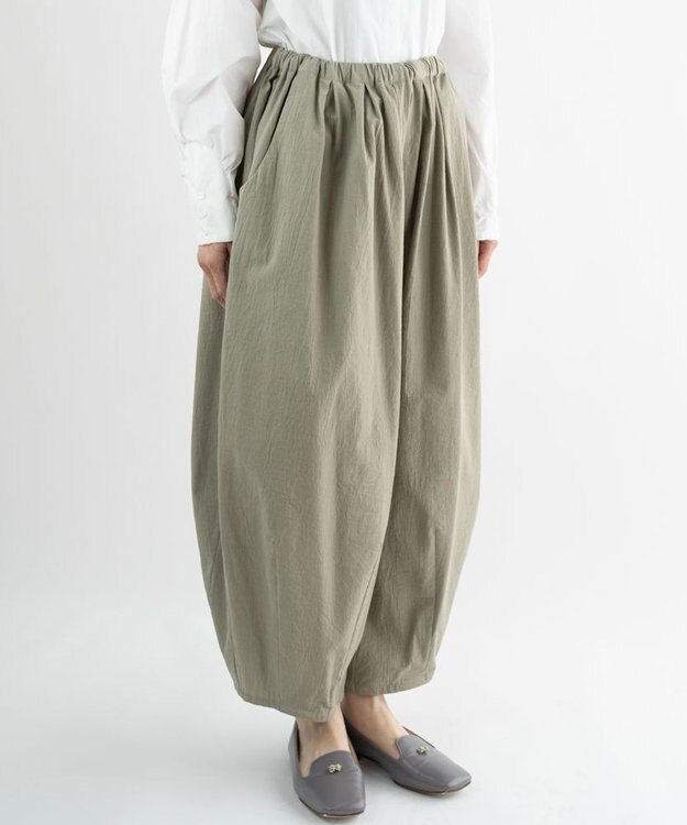 muuc 〈綿100%〉〈涼しいワッシャー生地〉〈裾タック入り〉〈ワイドシルエット〉サーカスパンツ グレーカーキ