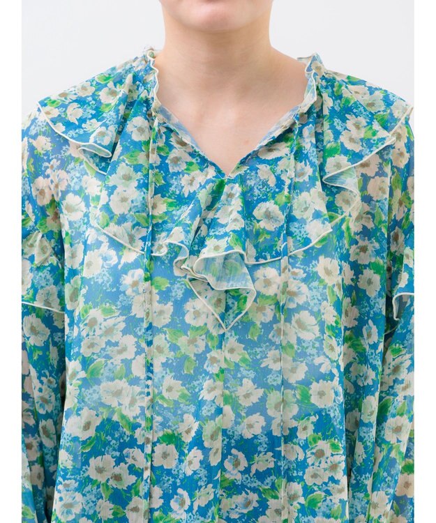 Te chichi フラワープリントフリルブラウス ブルー