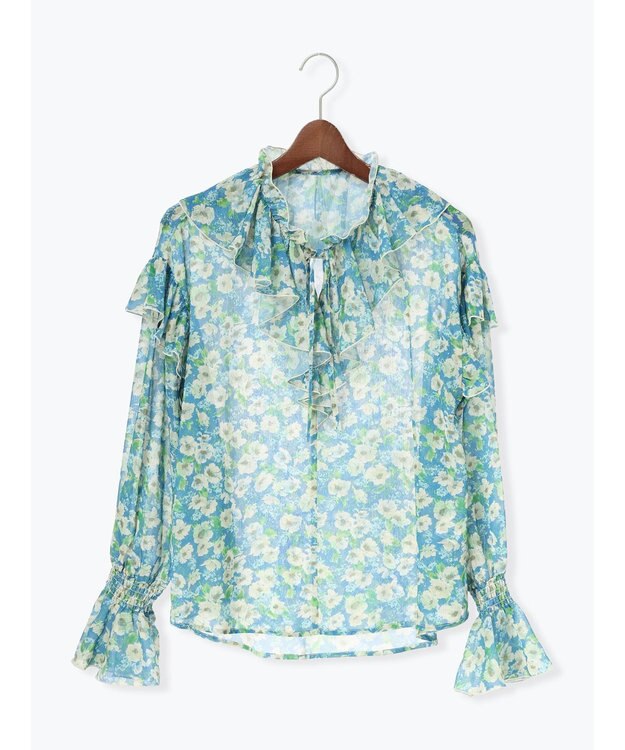 Te chichi フラワープリントフリルブラウス ブルー
