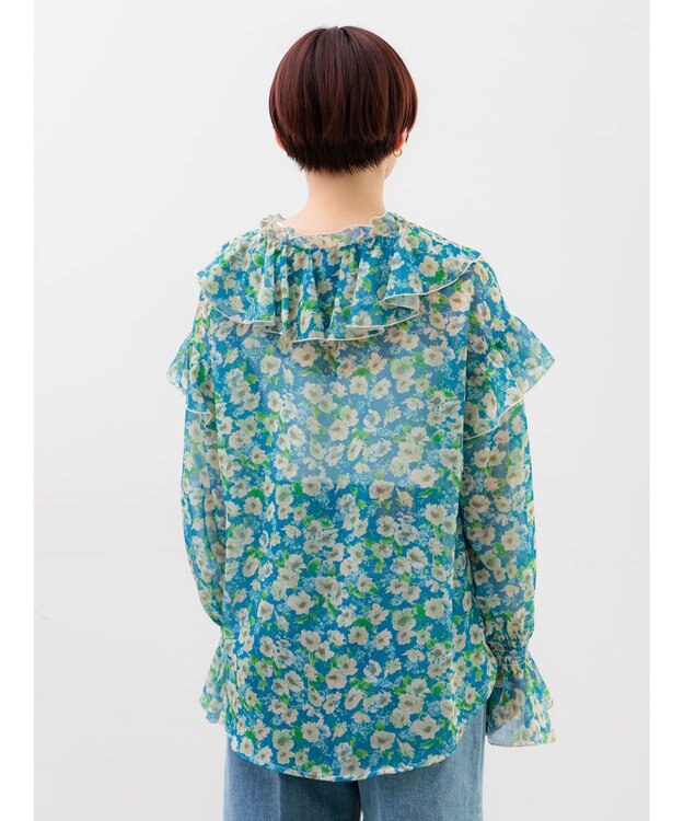 Te chichi フラワープリントフリルブラウス ブルー