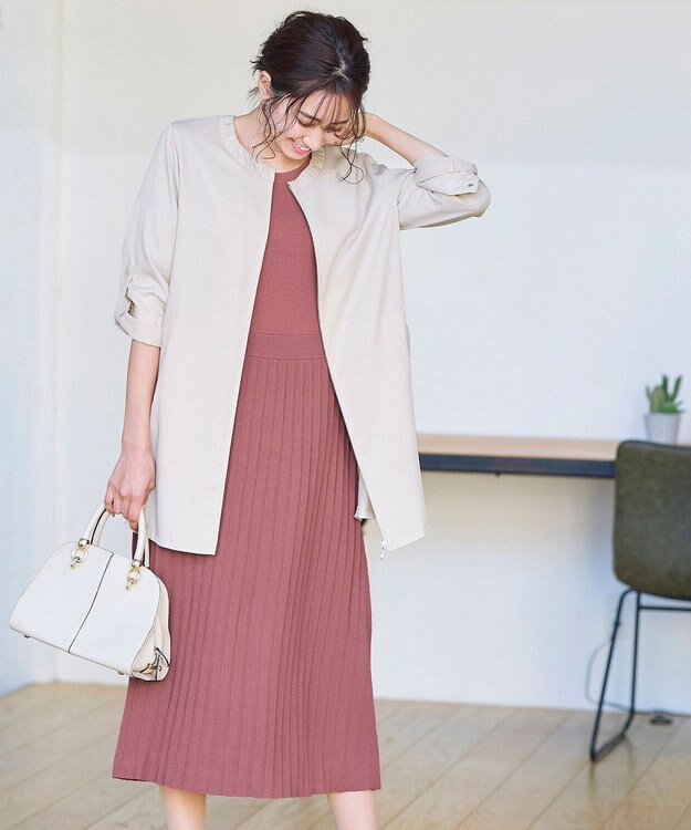 Tiaclasse L 【洗える】1枚で着映えするプリーツニットワンピース モーヴピンク