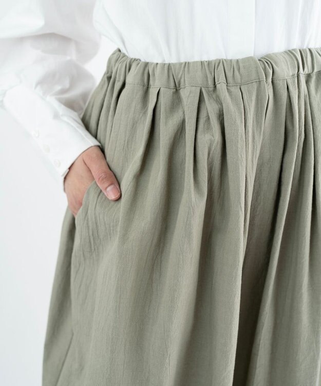 muuc 〈綿100%〉〈涼しいワッシャー生地〉〈裾タック入り〉〈ワイドシルエット〉サーカスパンツ グレーカーキ