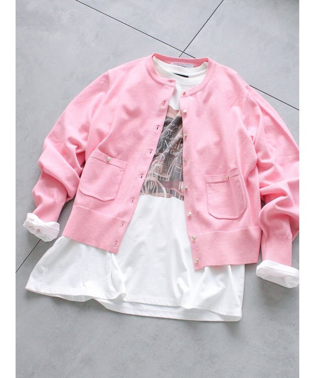 Te chichi ポケット付きクルーネックカーディガン ピンク