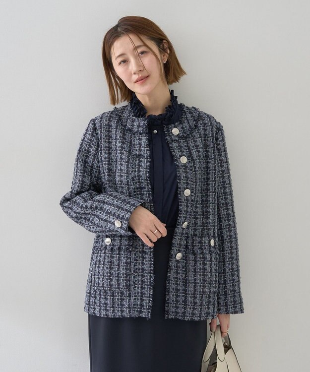 YECCA VECCA ノーカラーツイードジャケット Blue