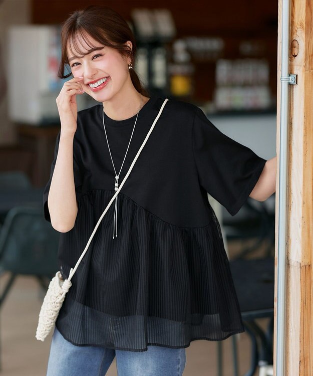 Tiaclasse 【洗える】 ストライプチュール切替トップス ブラック