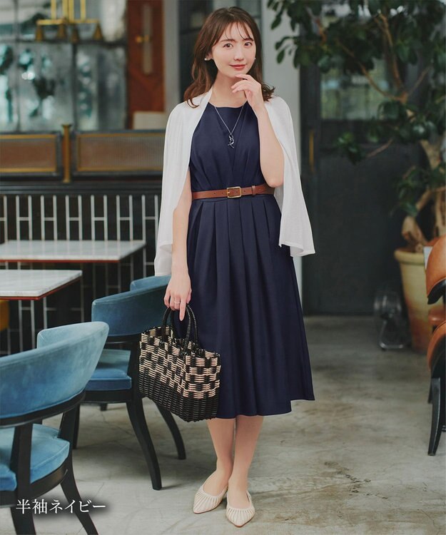 Tiaclasse 【おのののかさん着用】半袖&長袖選べる袖丈・タックフレアワンピース 半袖ネイビー