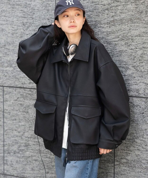 WEGO 【25年秋冬新作/ユニセックス着用ITEM/SMLサイズ展開】PUダブルZIPフライトブルゾン ブラック