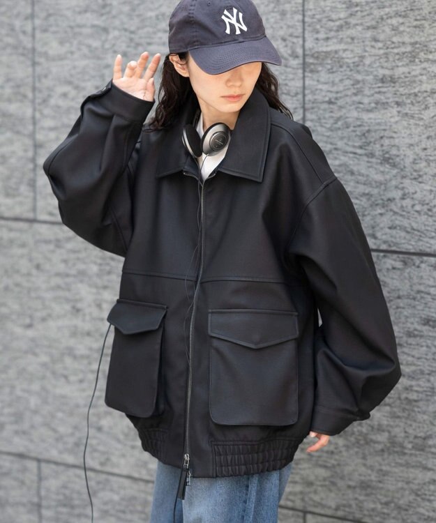 WEGO 【25年秋冬新作/ユニセックス着用ITEM/SMLサイズ展開】PUダブルZIPフライトブルゾン ブラック