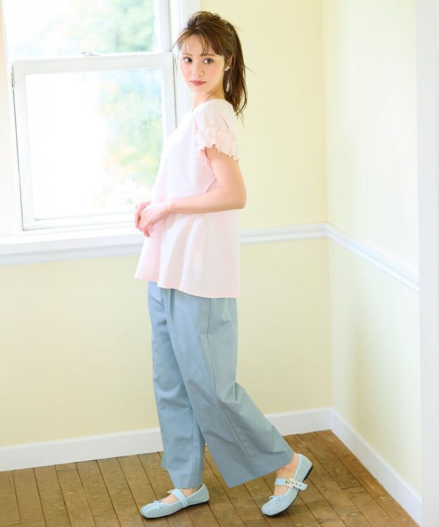 Feroux 【汗ジミが目立たない】フリル袖ペプラムデザインTシャツ ピンク系