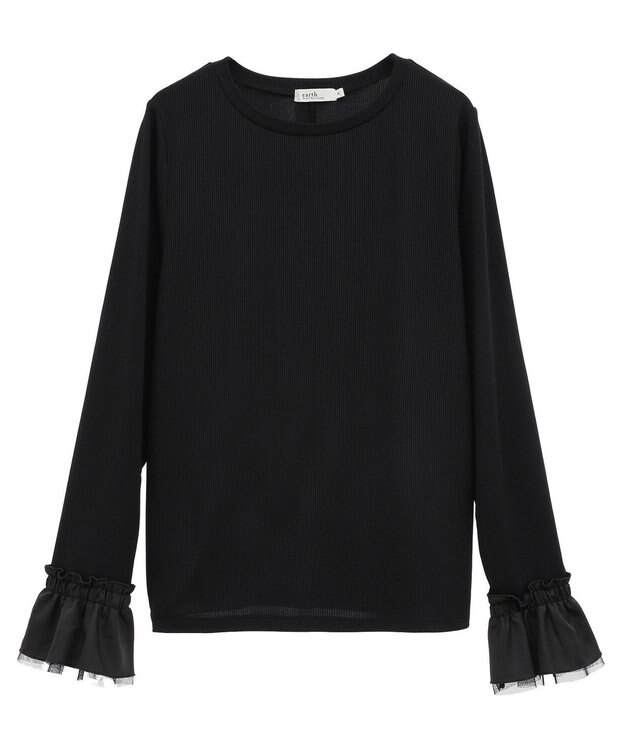 earth music&ecology フリルスリーブリブプルオーバー Black