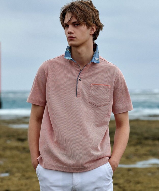 JOSEPH ABBOUD ギフトに！【老舗アロハブランドとコラボレーション】カハラ アロハ ダディ ポロシャツ オレンジ×ハレアカラ国立公園襟