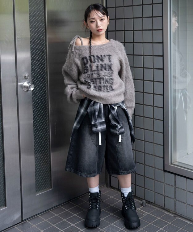 WEGO シャギー2WAYグラフィックワンショルニット グレー