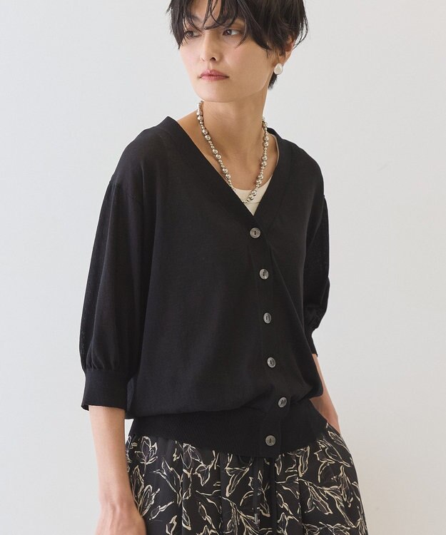 AMERICAN HOLIC 5分袖シアーVネックニットカーディガン Black