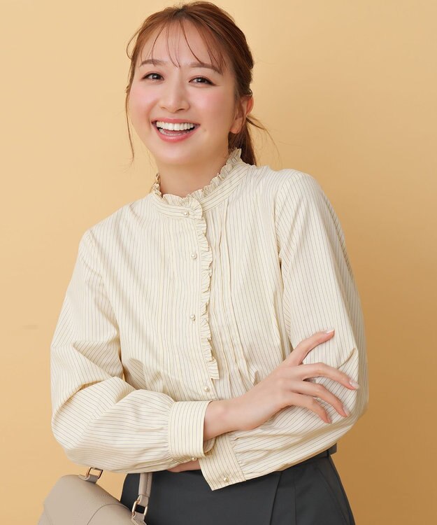 ANY SIS S フリルスタンド シャツ イエローストライプ