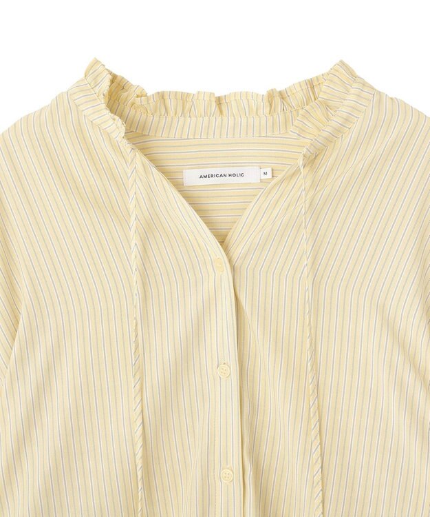 AMERICAN HOLIC スタンドフリルストライプスキッパーブラウス Yellow