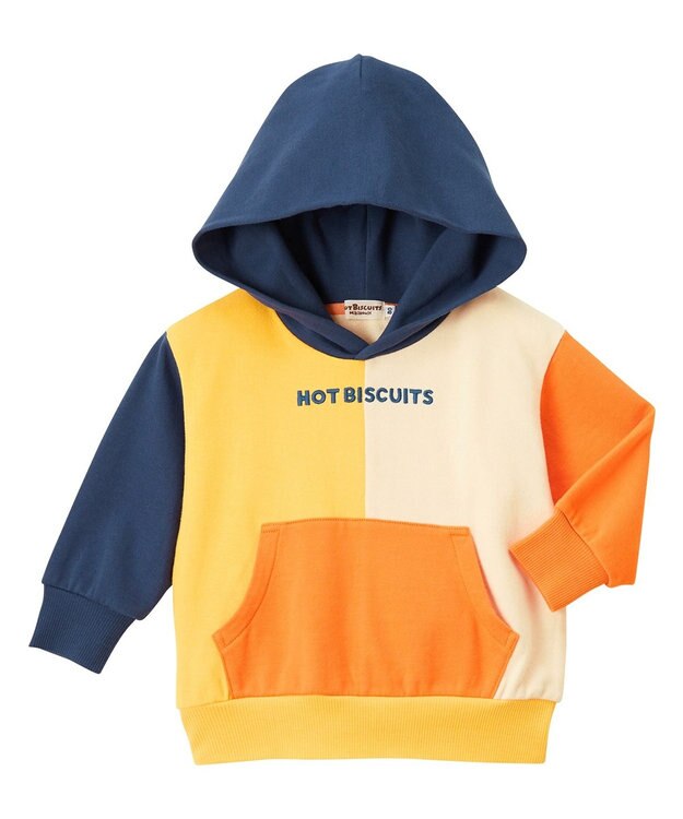 MIKI HOUSE HOT BISCUITS 【80-120cm】 マルチカラー配色切り替え ロゴパーカー オレンジ