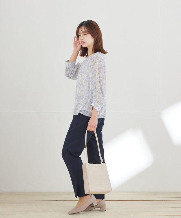 Tiaclasse L 水彩花柄シフォンブラウス ブルー