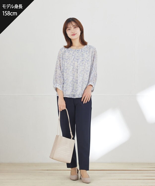 Tiaclasse L 水彩花柄シフォンブラウス ブルー