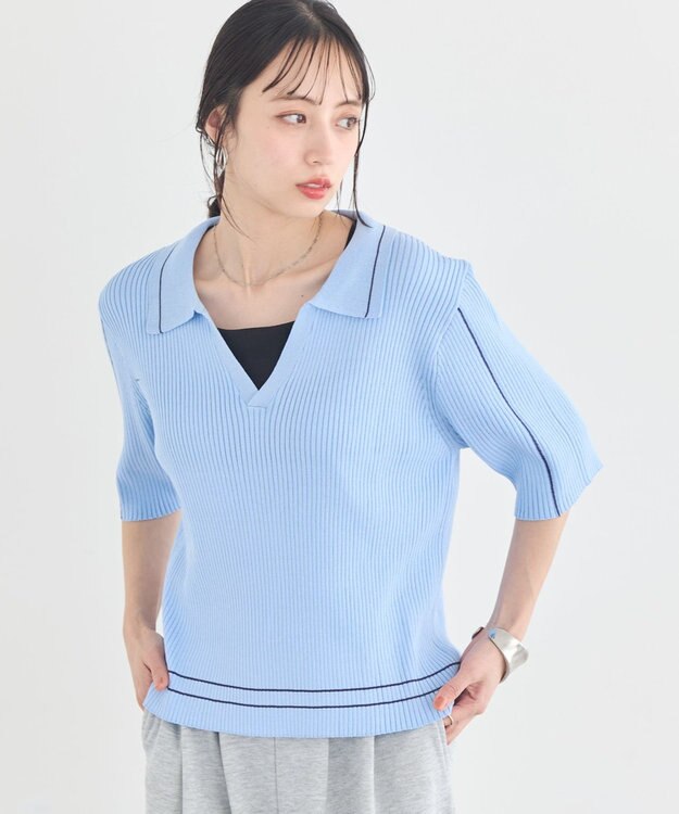 earth music&ecology 【予約】ラインカラーポロニット ブルー