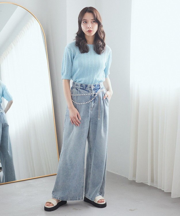 earth music&ecology 透かしニットプルオーバー Light Blue