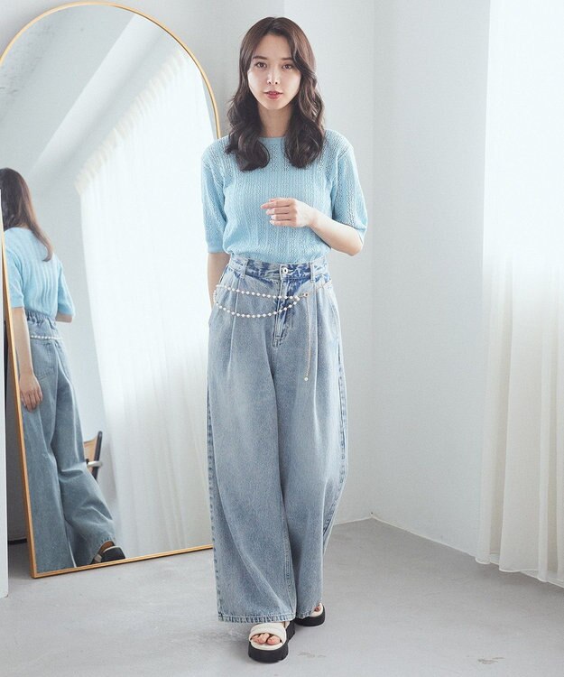 earth music&ecology 透かしニットプルオーバー Light Blue